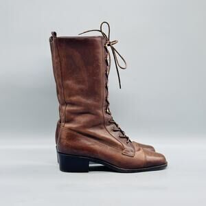 Enzo Angiolini Boots Womens 5.5 Brown Leather Riding Lace Up Mid Calf Vtg